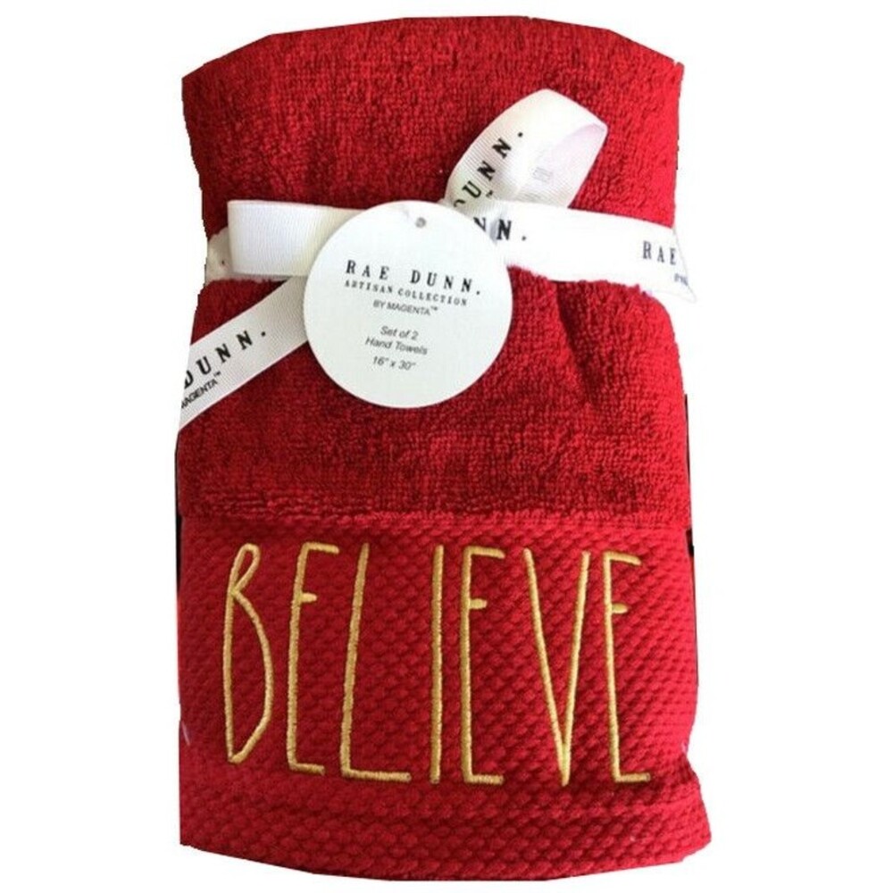 Rae Dunn Christmas Believe Red Gold Hand Towels Guest Bath Embroidered Set of 2